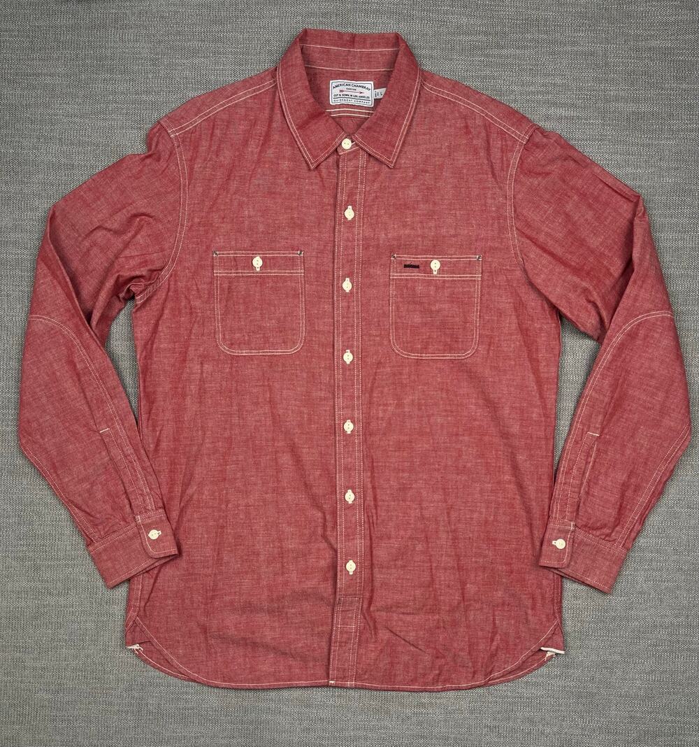Guideboat Company Shirt Mens Large Red Chambray Long Sleeve Button Up USA Made